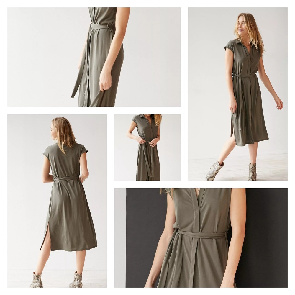 Stylus Shirt Dress Womens M Olive Green Short Sleeve Button‎ Front Tie Waist NWT